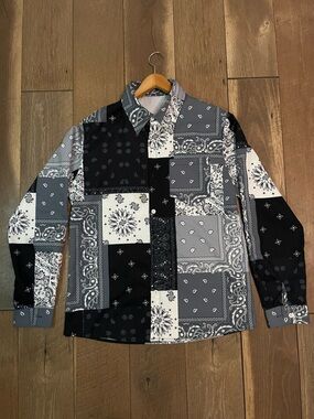 Boohoo Mens Black White Gray Patchwork Bandana Button-Down Shirt